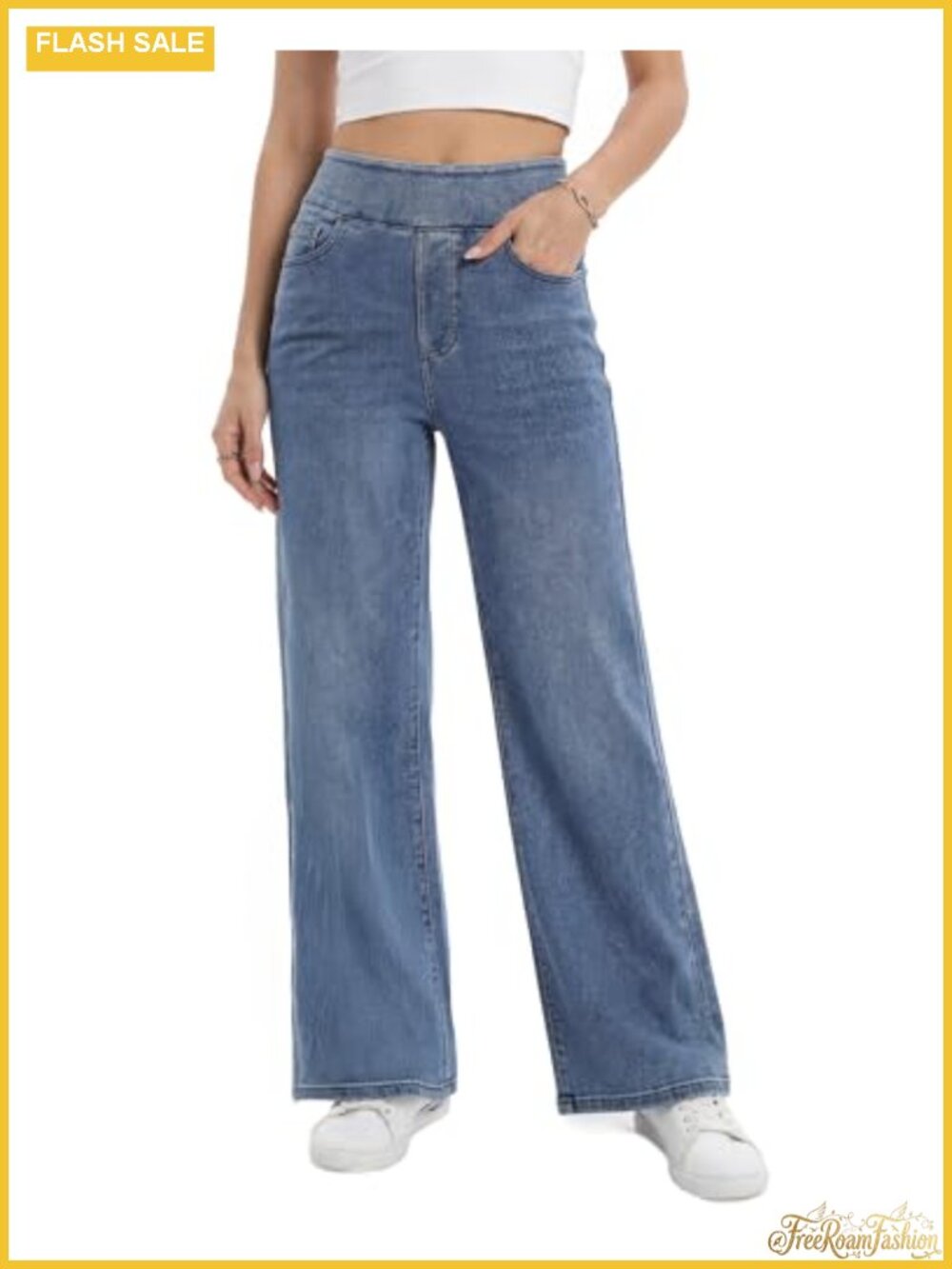 Women's High Rise Wide Leg Pull On Jeans with Elastic Waist, Stretchy Denim,